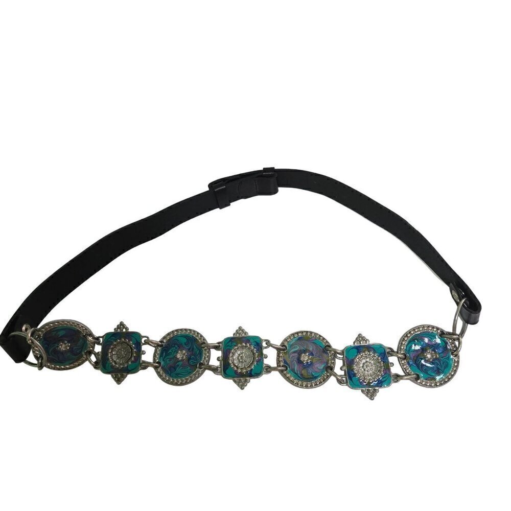 Chico's Vintage Black Leather Enamel Medalian Link Belt Size 30-34